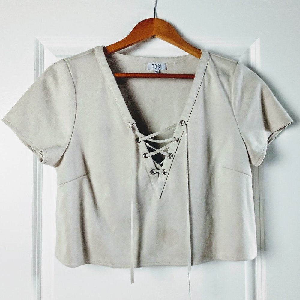 Tobi Celery Green Faux Suede Crop Top